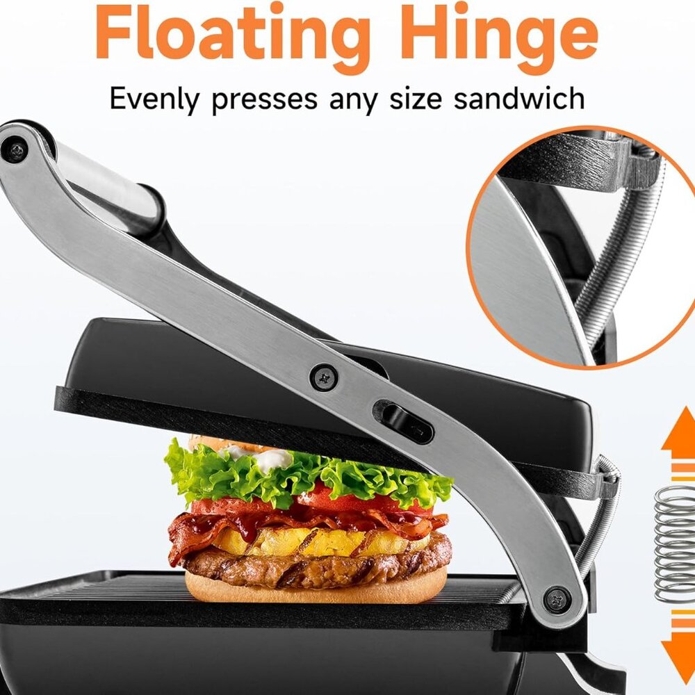SUSTEAS Electric Panini Grill Non-Stick Plates 180° Open Floating Hinge SL-107A - Picture 5 of 10
